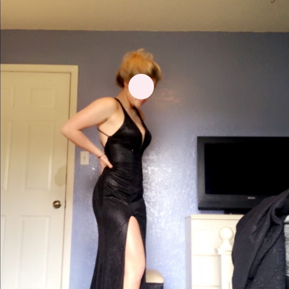 Black floor length dress, sparkly, v shape cut top, leg slit